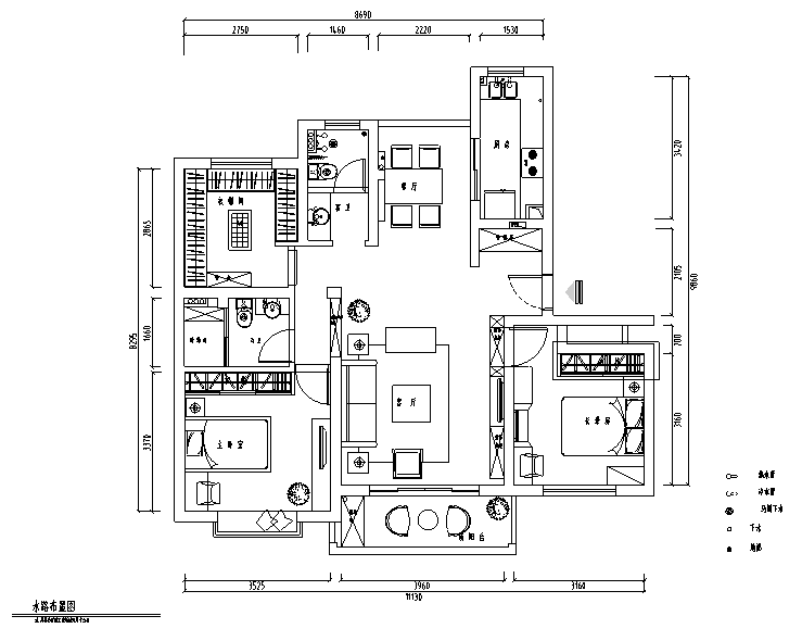 简约清雅现代简约三居室住宅设计施工图（附效果图）-水路布置图