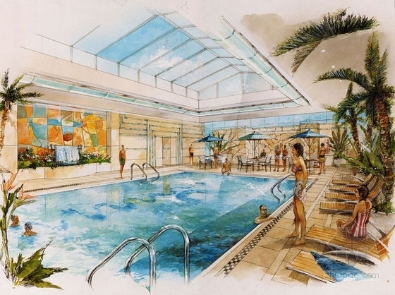 [上海]地标性建筑现代典雅五星级商务酒店室内设计方案游泳池效果图