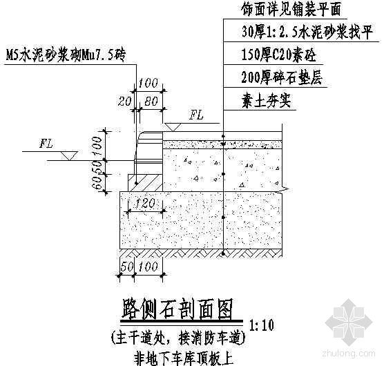 主干道剖面图资料下载-路侧石剖面图（主干道处接消防车道）