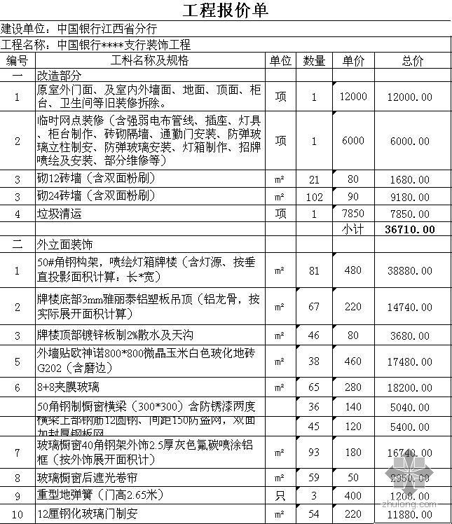 中国银行做最好的银行资料下载-中国银行江西某支行装饰工程报价