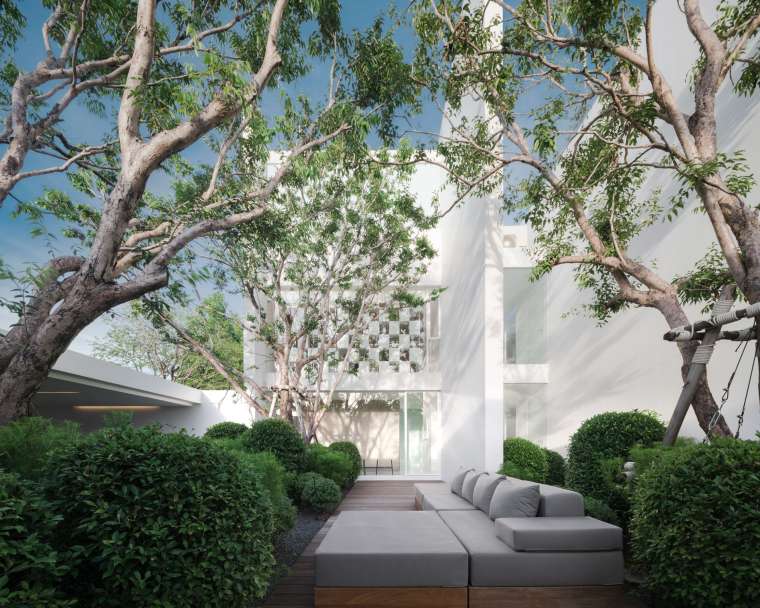 中式庭院鸟瞰图资料下载-清新的白色住宅庭院