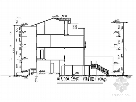 三层联排别墅建筑方案设计图纸-三层联排别墅剖面图