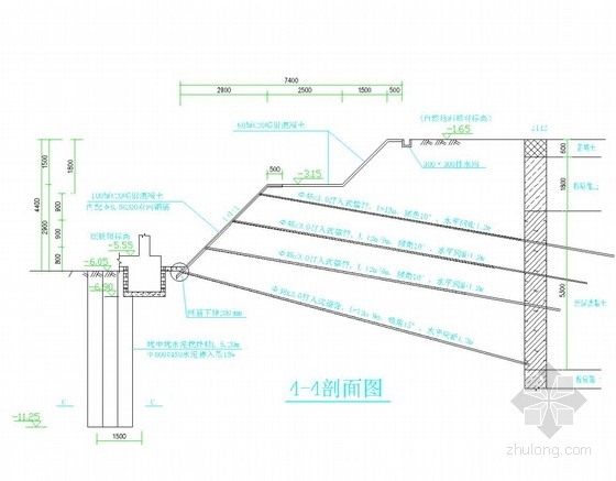 [浙江]搅拌桩重力式挡墙加复合土钉墙基坑支护施工图（附计算书）-基坑支护剖面图 