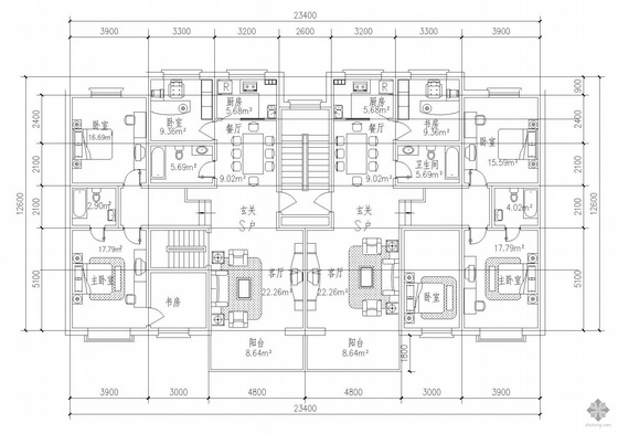 18层一梯两户小户型图资料下载-板式多层一梯两户有跃层S户型图(156/156)