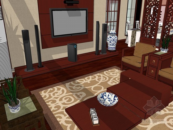中式客厅SketchUp模型下载-中式客厅 