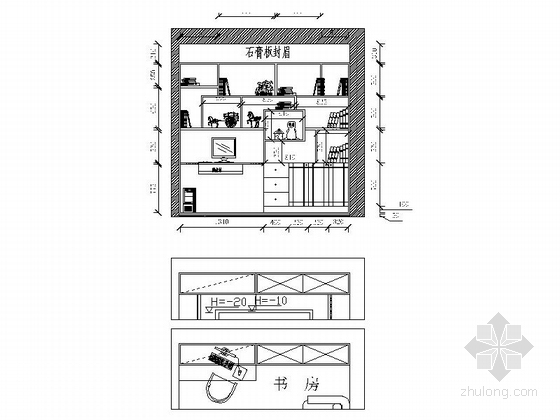 [荆门]精致新中式风格三居室样板间CAD装修施工图（含效果）书房立面图