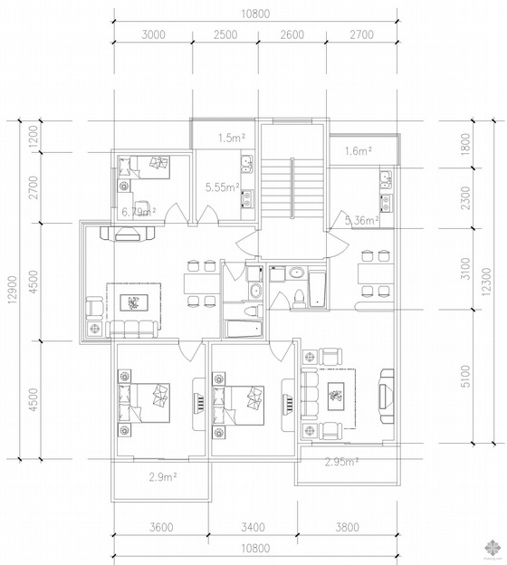 18层板式住宅户型图资料下载-板式多层一梯两户户型图(76/68)