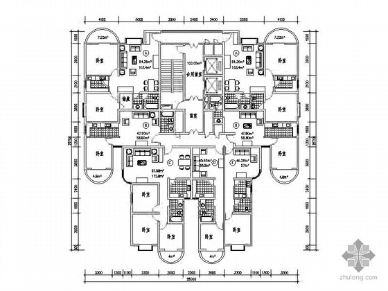 两室一厅高层资料下载-塔式高层一梯七户型图（110/63/116/60/57）