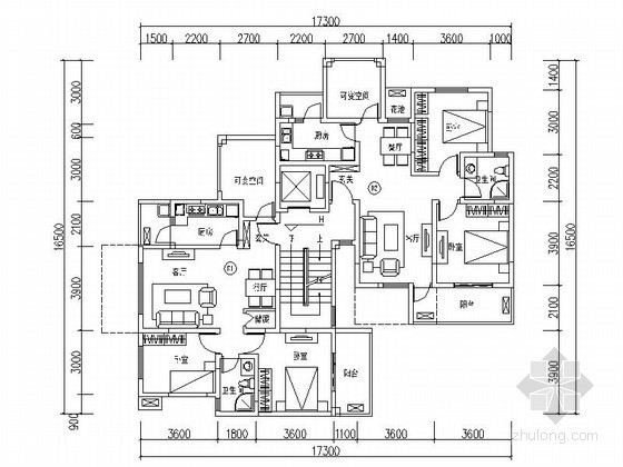 建筑户型平面图跃层资料下载-某板式阶梯状户型平面图（适合多层、小高层）