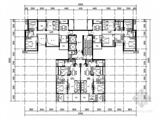 四户板式住宅资料下载-[知名地产户型]一核四户高层住宅户型平面图（349平方米）