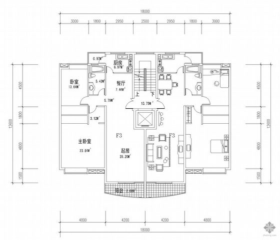 80平米两室两厅一梯两户资料下载-板式多层一梯两户户型图(100/100)