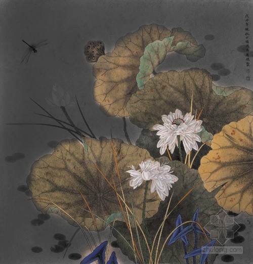 室内天花中式花格资料下载-荷花中式工艺装饰画
