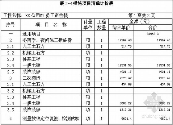 [毕业设计]5层框架结构职工宿舍楼建筑工程招标控制价编制实例-措施项目清单计价表 