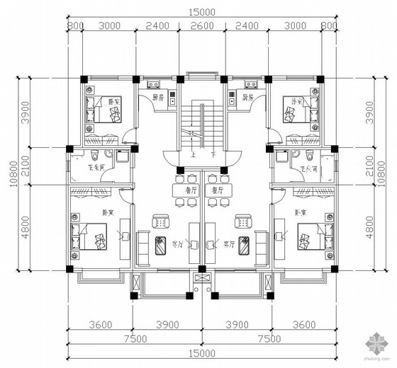 两室一厅一卫装修图资料下载-板式多层一梯二户二室一厅一卫户型图(83/83)