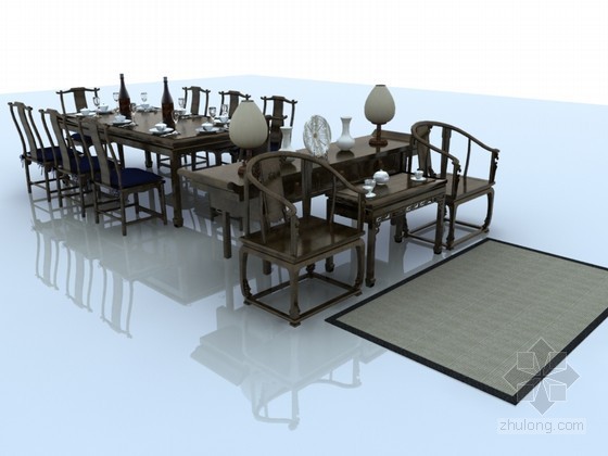 4人餐桌模型资料下载-中式餐桌3D模型下载