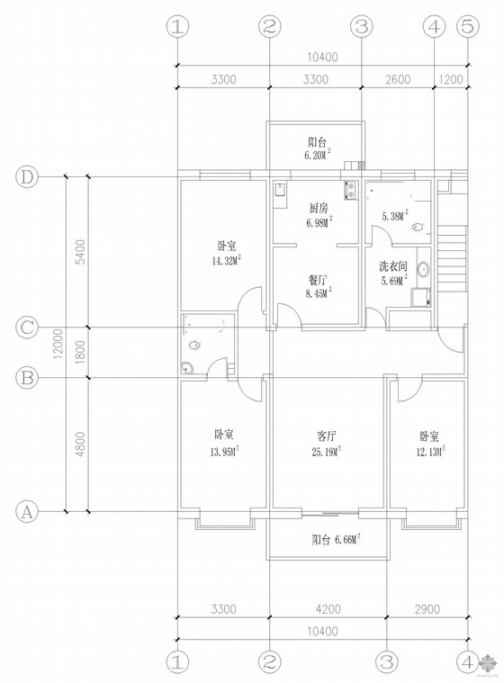 多层三室经典户型图资料下载-板式多层三室单户户型图(145)