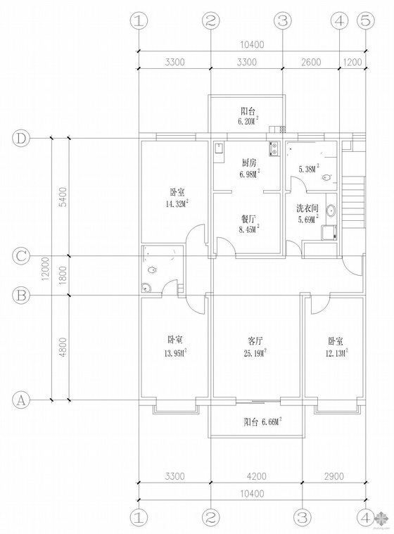 单户户型图资料下载-板式多层三室单户户型图(145)