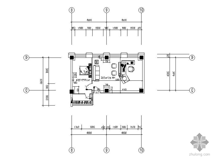 钢结构办公室装修施工图资料下载-副总办公室装修施工图