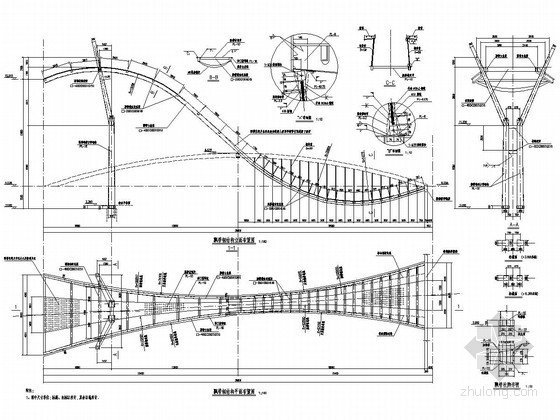 38m跨径钢结构花拱桥全套施工图（17张）-飘带钢结构平立面布置图 
