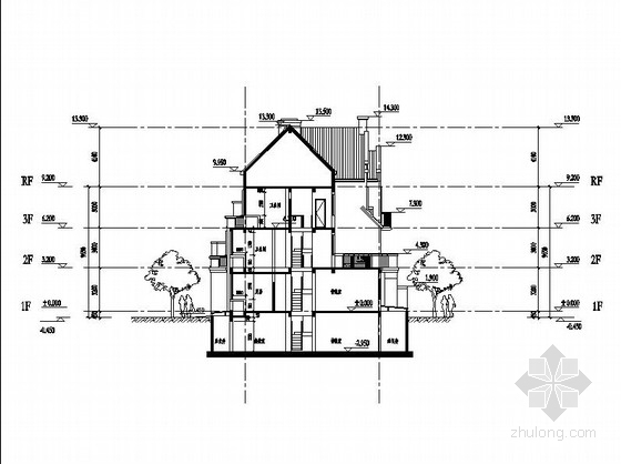 [上海]三层联排及双拼式别墅建筑施工图-三层联排及双拼式别墅建筑剖面图 