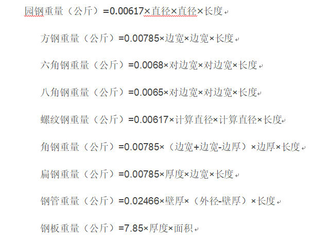 常用金属材料重量计算公式-钢材重量