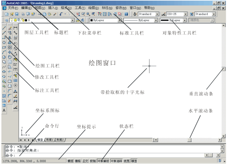 建筑识图与AutoCAD之八AutoCAD基本知识讲义PPT（39页）-AutoCAD 2005的界面