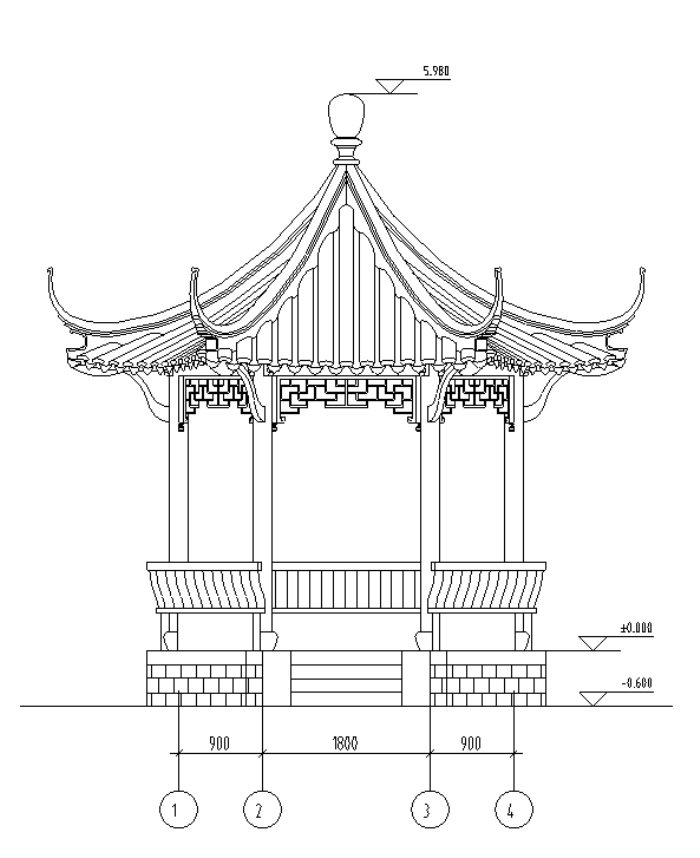 中国古建八角亭施工图-正立面图