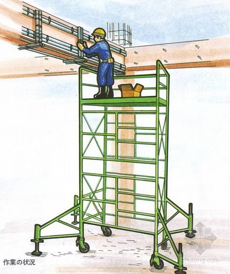 建筑工程安全施工危险预知训练图例集（杂工 模板木工 钢筋）-在移动式作业平台上进行安装模板作业 