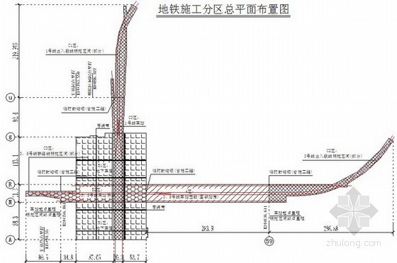 [青岛]地铁三柱四跨双岛四线同台换乘车站施工组织设计（中铁）-地铁施工区分总平面布置图 