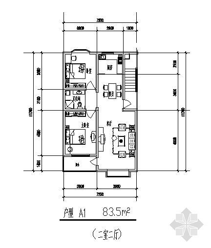 200平方米房间设计资料下载-二室二厅（83.5平方米）