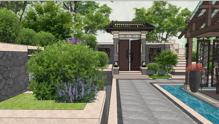 新中式风格庭院大门模型设计-场景二