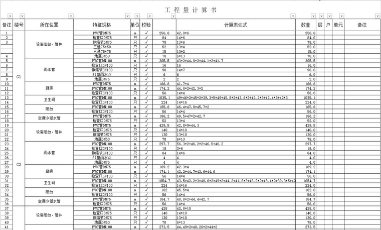 工程量计算实例表格-2、工 程 量 计 算 书