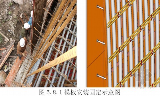 双曲弧面垂直肋形清水混凝土外墙板施工技术(附图)-模板安装固定示意图 