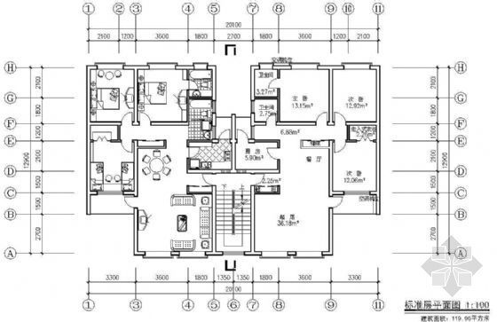 板式屋顶平面资料下载-某板式住宅单元组合平面（三）