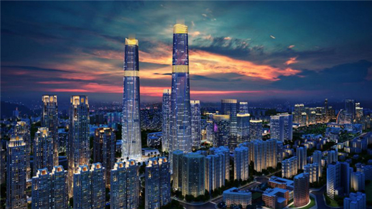 高楼单体su资料下载-428米海南第一高楼海口双子塔南塔年底出正负零，预计2021完工