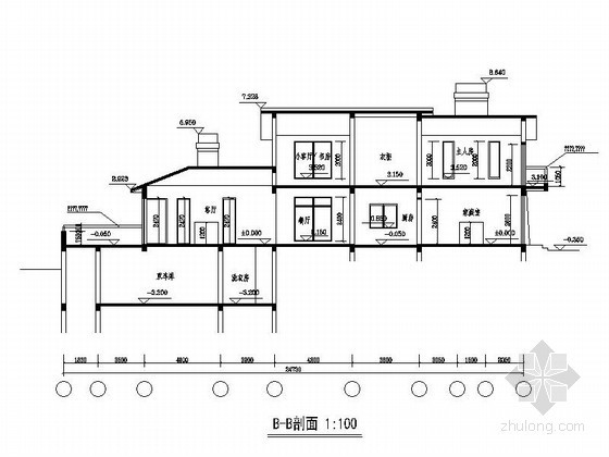 [杭州]某森林住宅区二层独栋别墅建筑方案图-剖面 