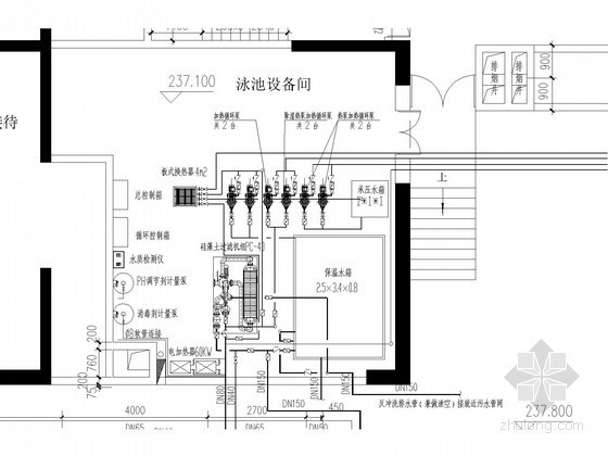 [云南]游泳池水处理及恒温恒湿机电设备安装工程全套图纸（加热恒温 除湿通风）-游泳池设备机房平面布置图 