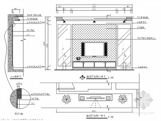 [湖北]清新简约现代三居室室内装修设计施工图（含效果）电视背景墙立面图 