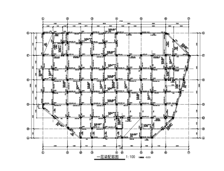 地上4层地下1层大型商场框架结构施工图（CAD、21张）-一层梁配筋图