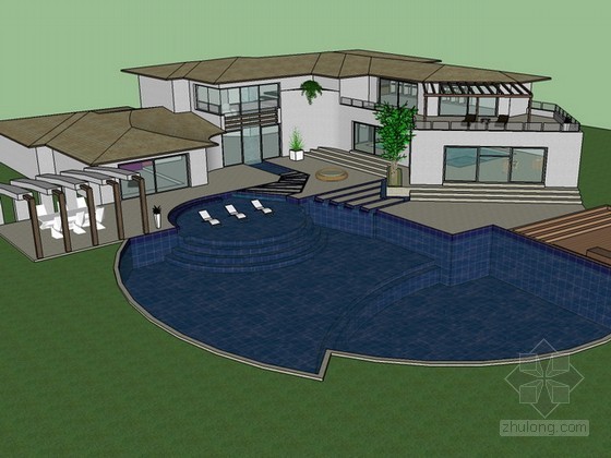 别墅室外泳池cad资料下载-带泳池的豪华别墅sketchup模型下载