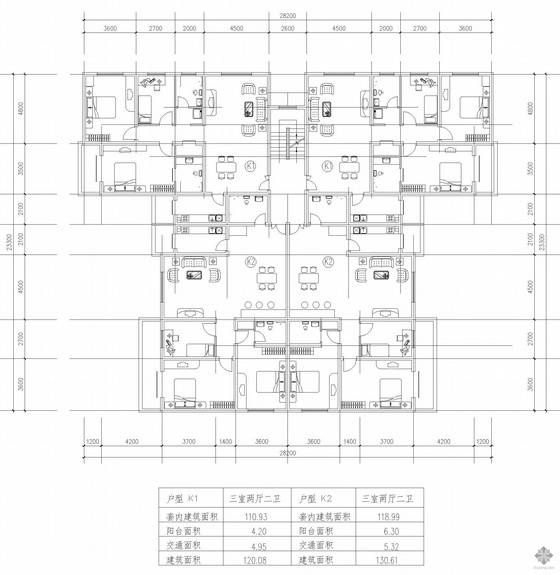 二梯四户120平方资料下载-板式多层一梯四户户型图(120/120/131/131)