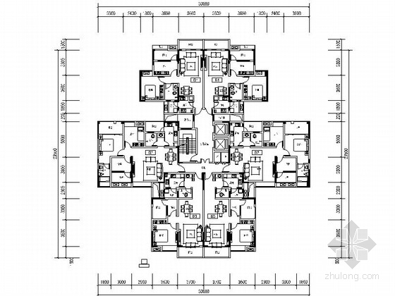 30平米户型平面图资料下载-某小高层住宅一梯四户型平面图（500平方米）