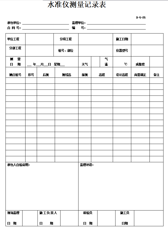 桥梁工程施工专用表格范本-水准仪测量记录表