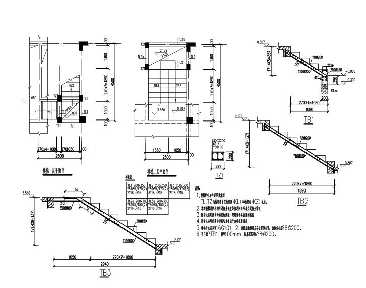 [湖北]异形柱框架结构别墅结构施工图（CAD、14张）-楼梯大样及配筋详图