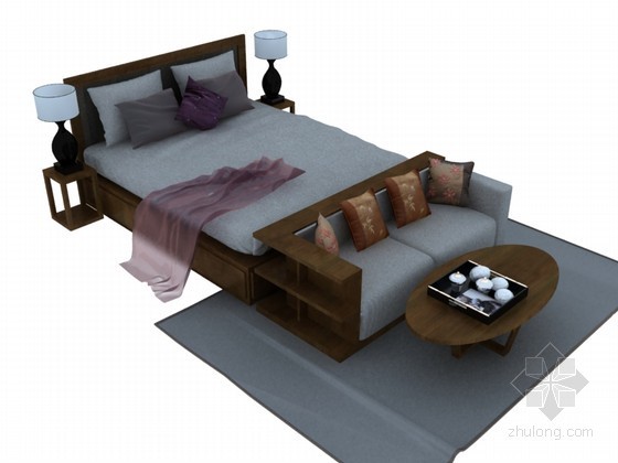 3d现代床资料下载-现代中式床3D模型下载