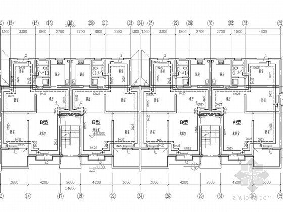 多层家属住宅楼采暖系统设计施工图（分户计量采暖系统）-采暖平面图 