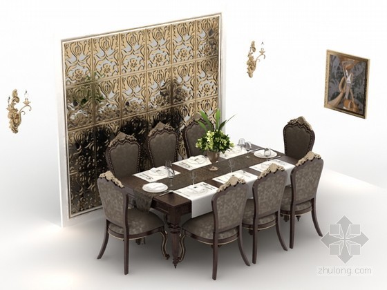 欧式餐椅3d模型资料下载-八人欧式餐桌椅组合3d模型下载