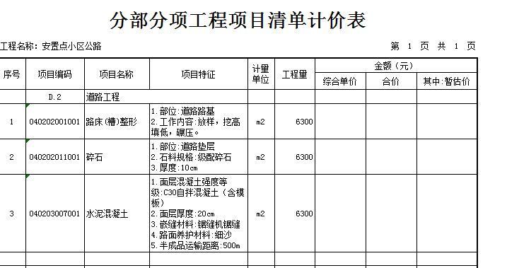 [重庆]扶贫搬迁配套基础设施工程预算书（招标文件、清单、软件）-公路清单计价表