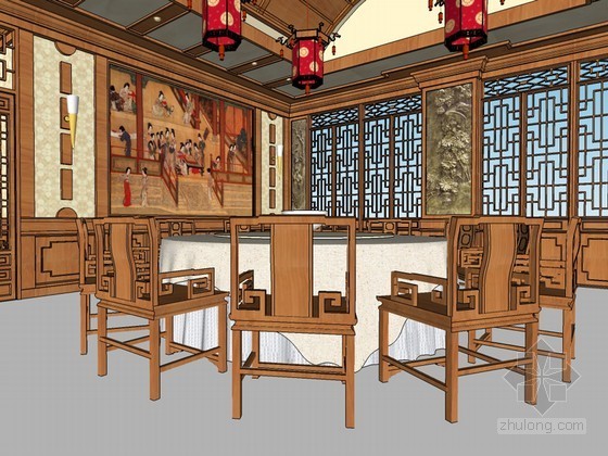 中式宴会厅SketchUp模型下载-中式宴会厅 