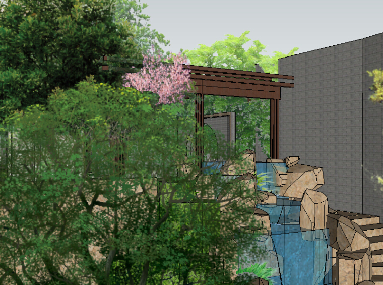 新中式景观廊架设计资料下载-[景观SU模型]新中式庭院滨水景观（跌水，廊架）.skp